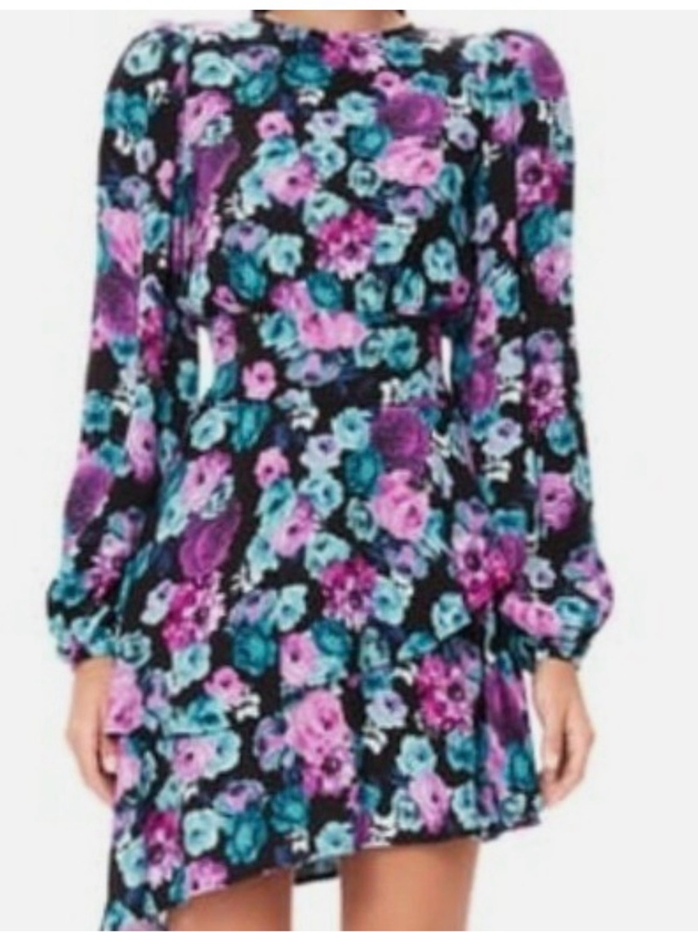 AFRM Parker Floral Print Cutout Back Tiered Ruffle Mini Dress Long Sleeve Sz M